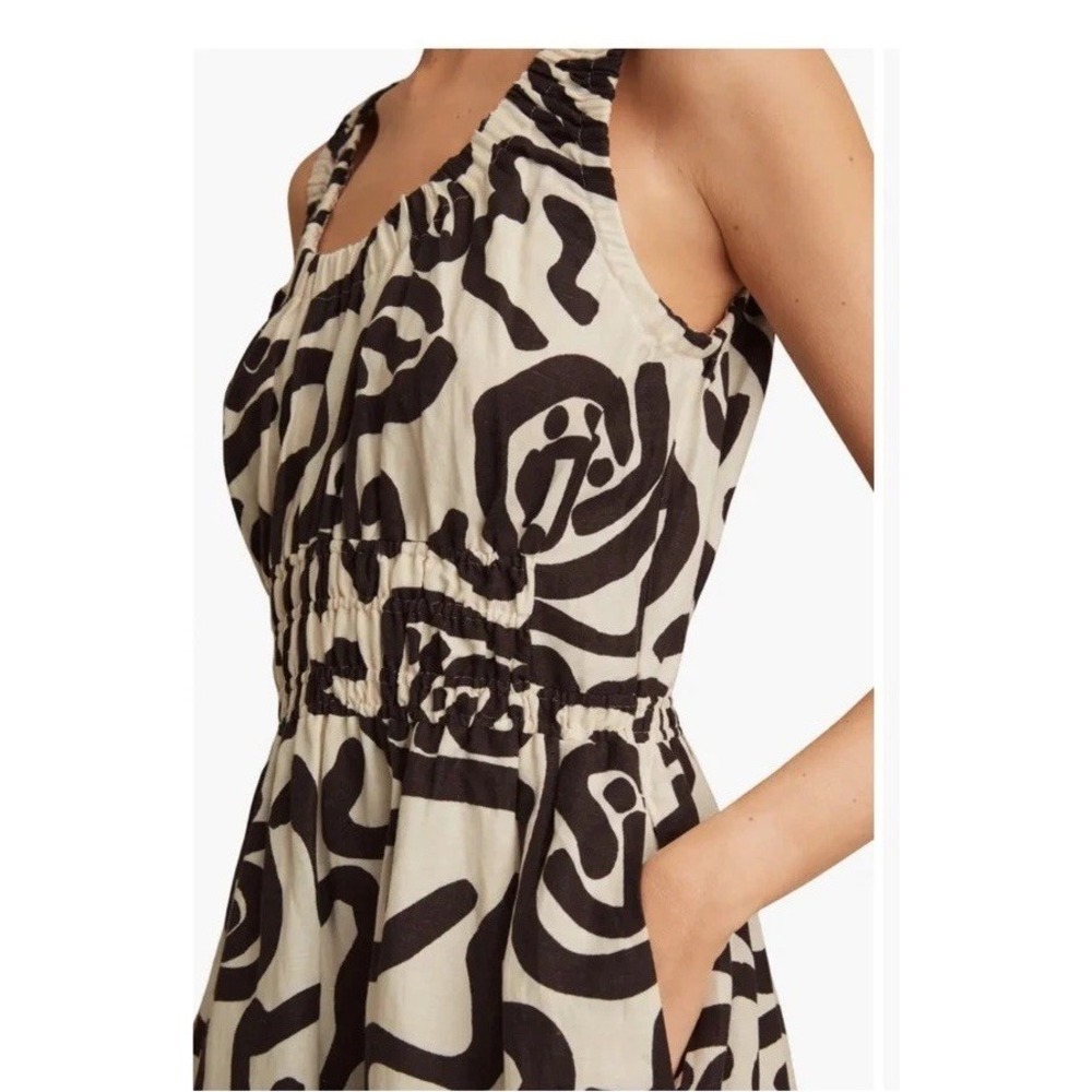 Reiss Akari Printed Midi Dress Ivory Brown Linen Size US 2 Sleeveless Pockets - Picture 3 of 11